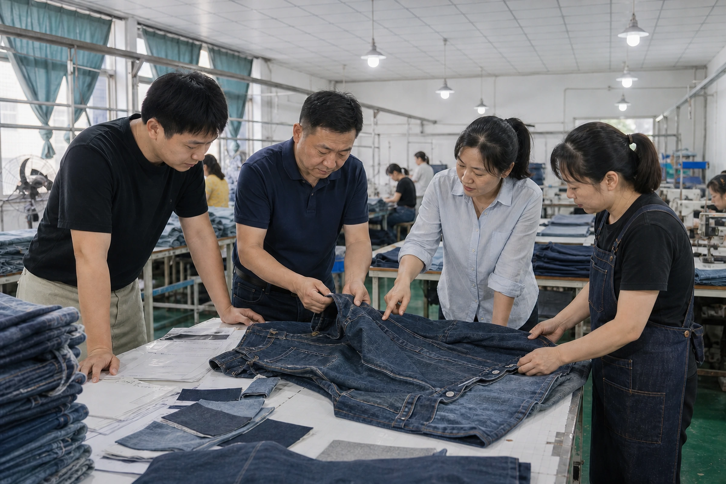 LAIDN team reviewing a denim garment sample
