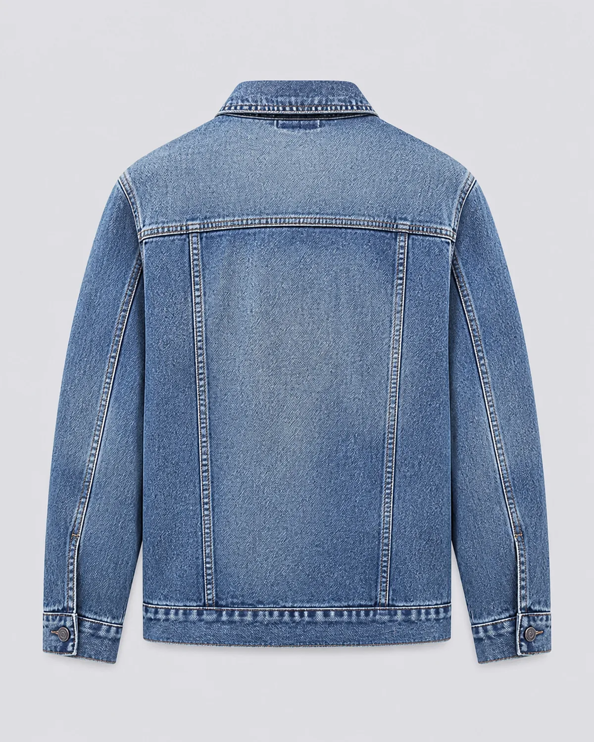 Back view of a denim shirt-jacket showing yoke and seam construction