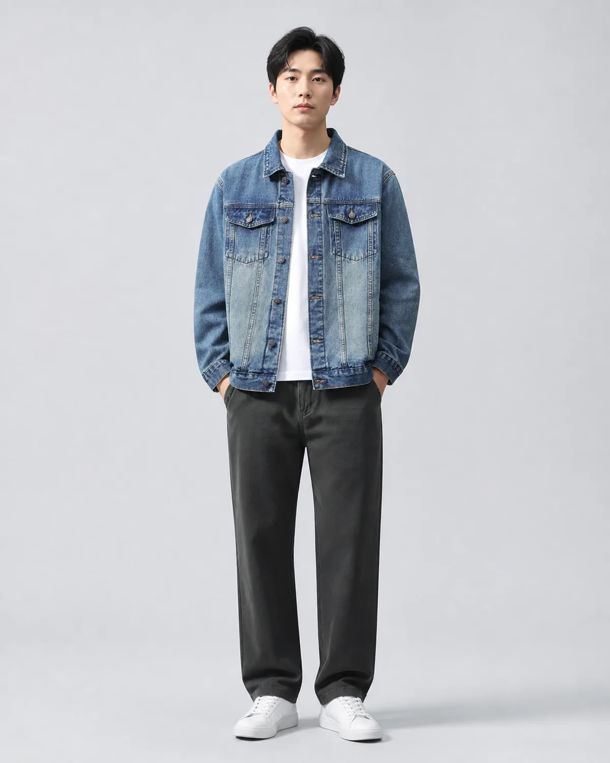 On-body view of a denim shirt-jacket showing body and sleeve proportion