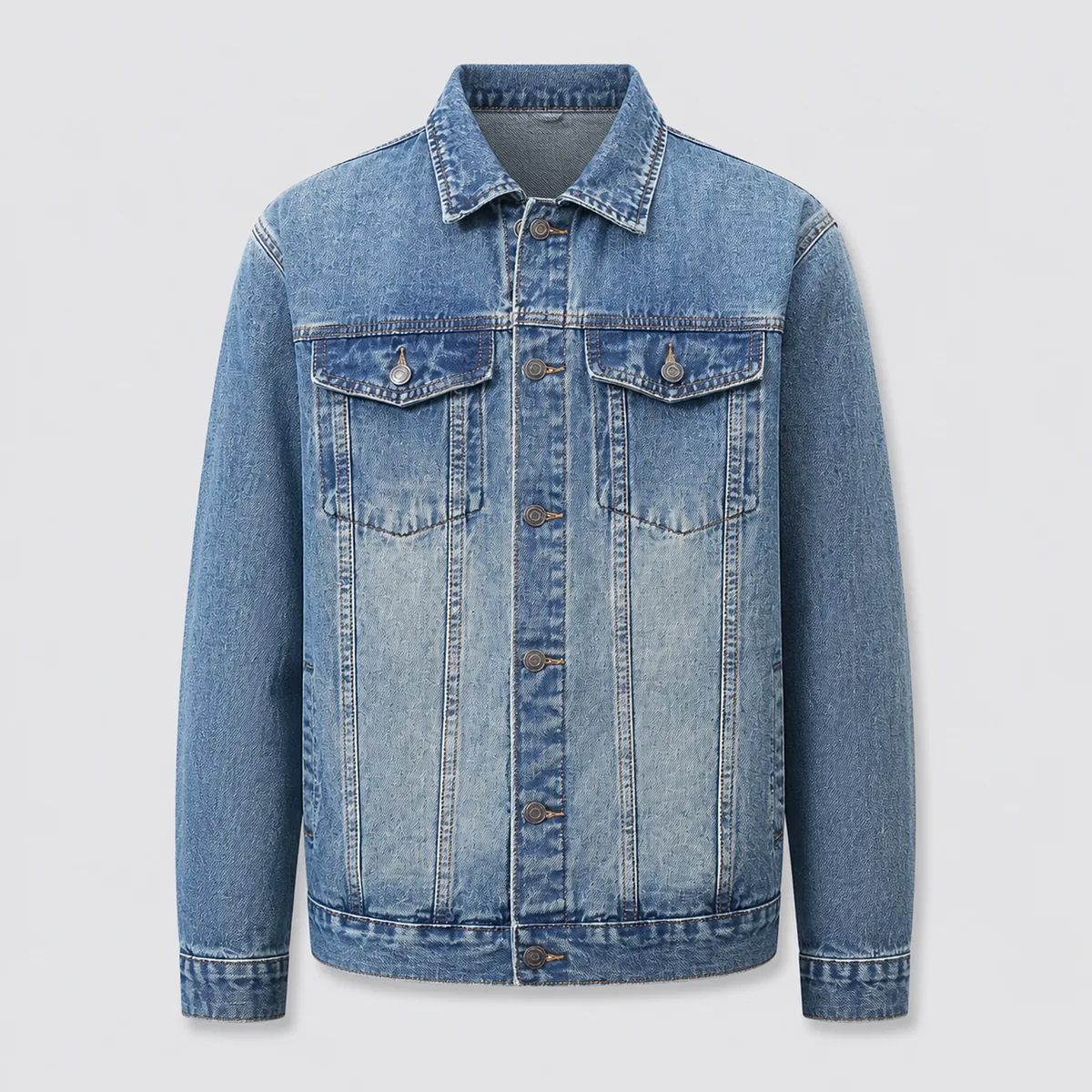 Front view of a denim shirt-jacket sample