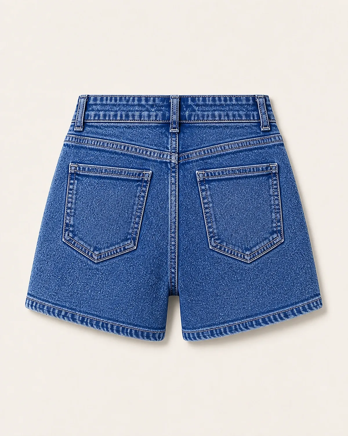 Back view of denim shorts showing yoke, pockets and hem