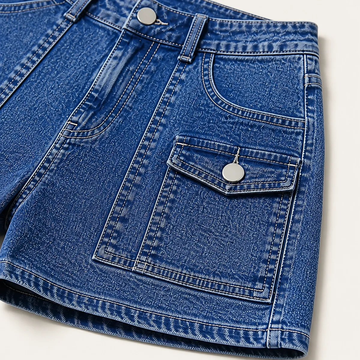 Denim shorts waistband, front pocket, cargo pocket and button detail