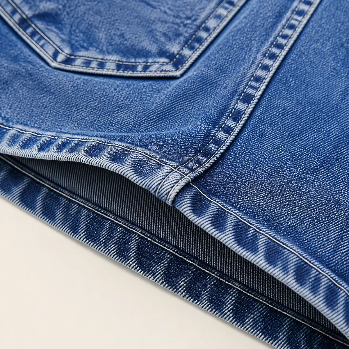 Denim shorts fabric, hem edge and back-pocket seam close-up
