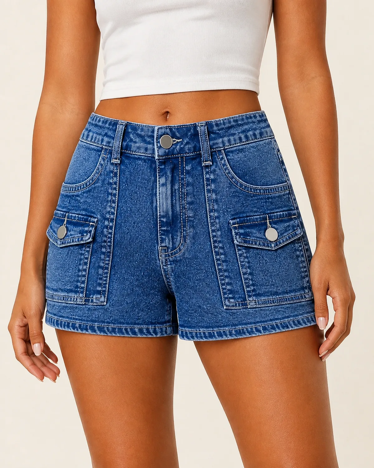 On-body view of denim cargo shorts showing rise and length