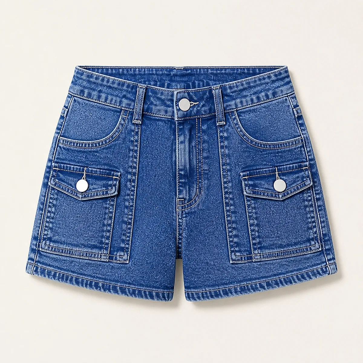 Front view of a denim cargo shorts sample