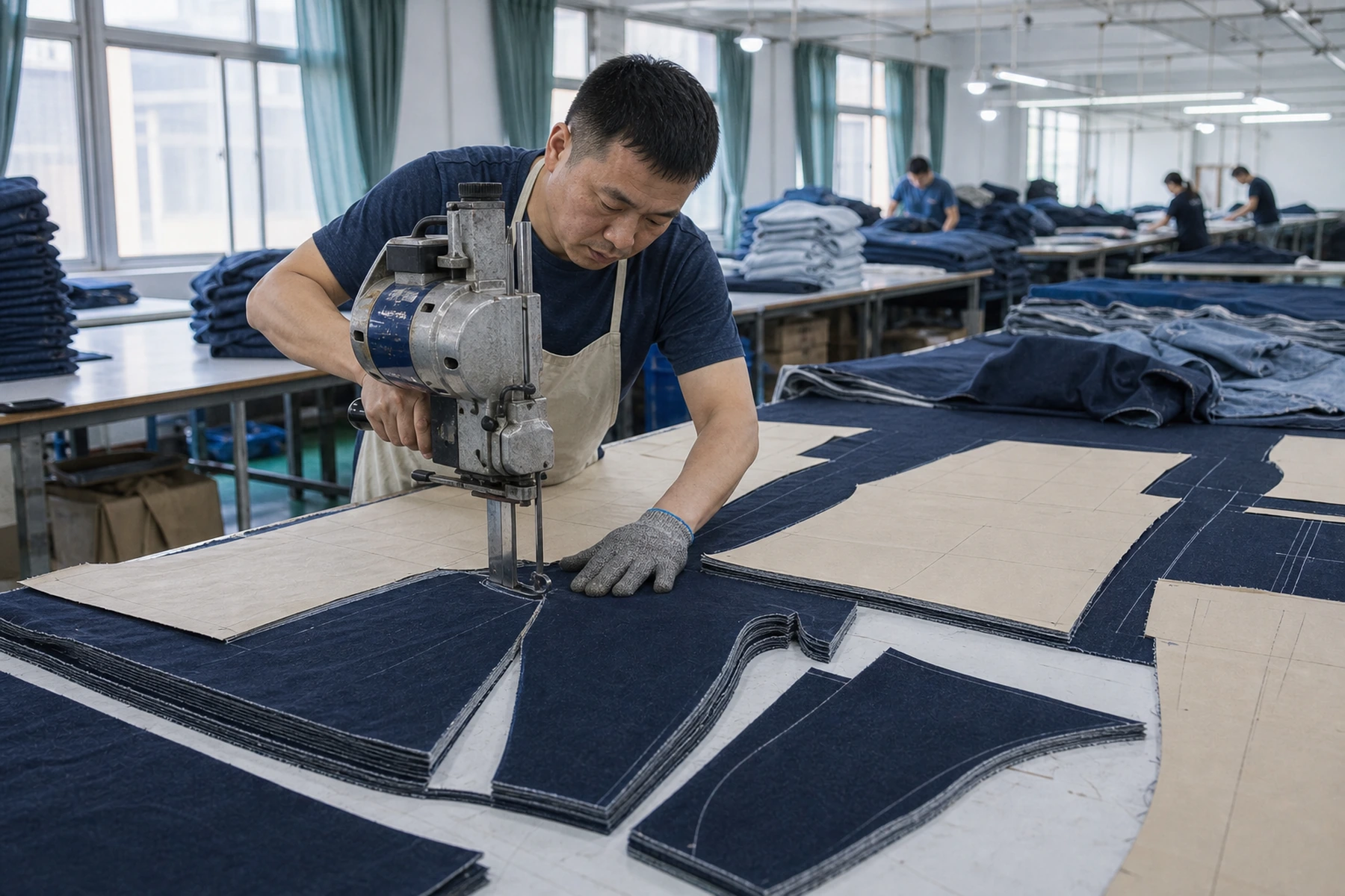 Denim panels being cut along paper patterns