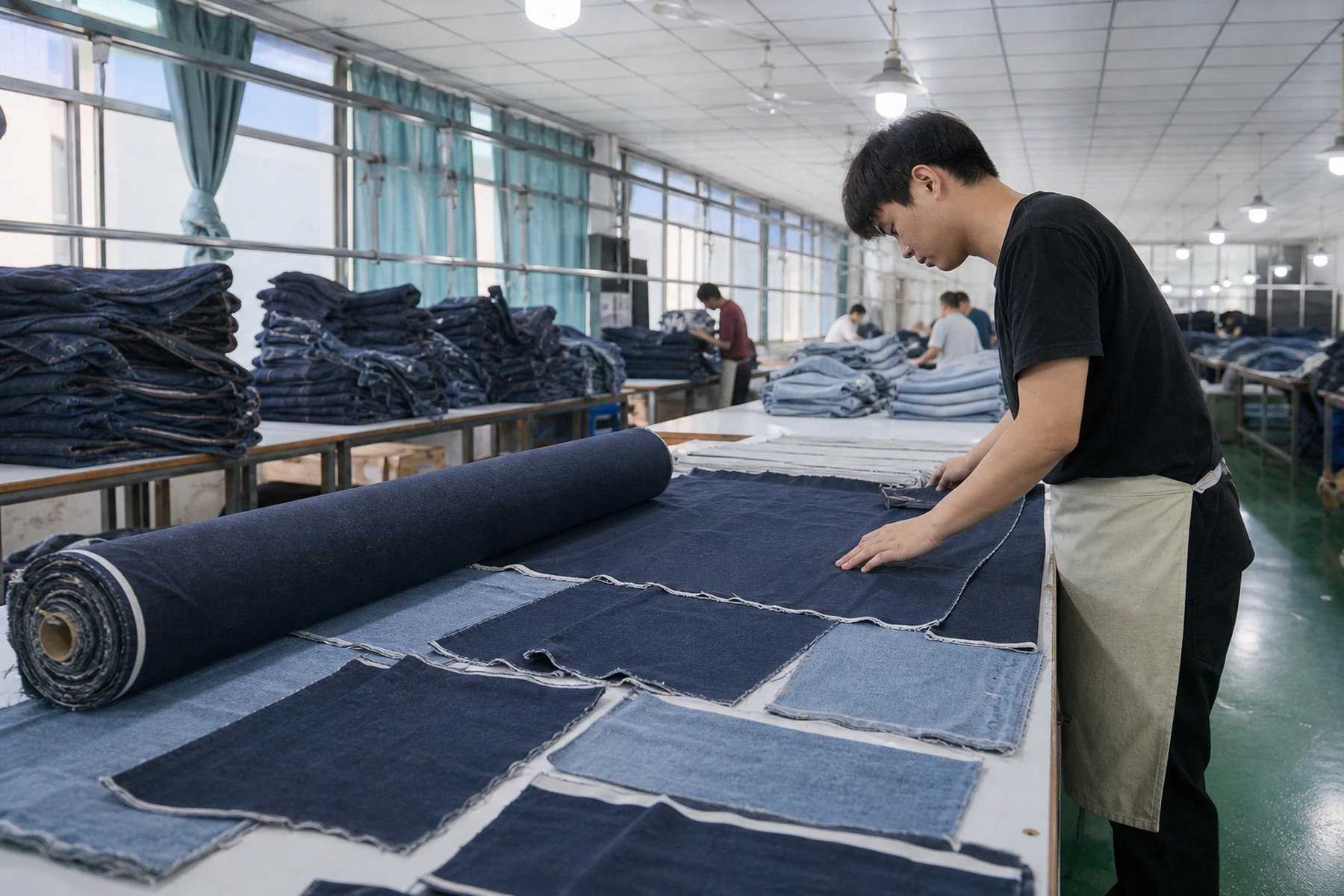 Denim fabric roll and color references on a preparation table