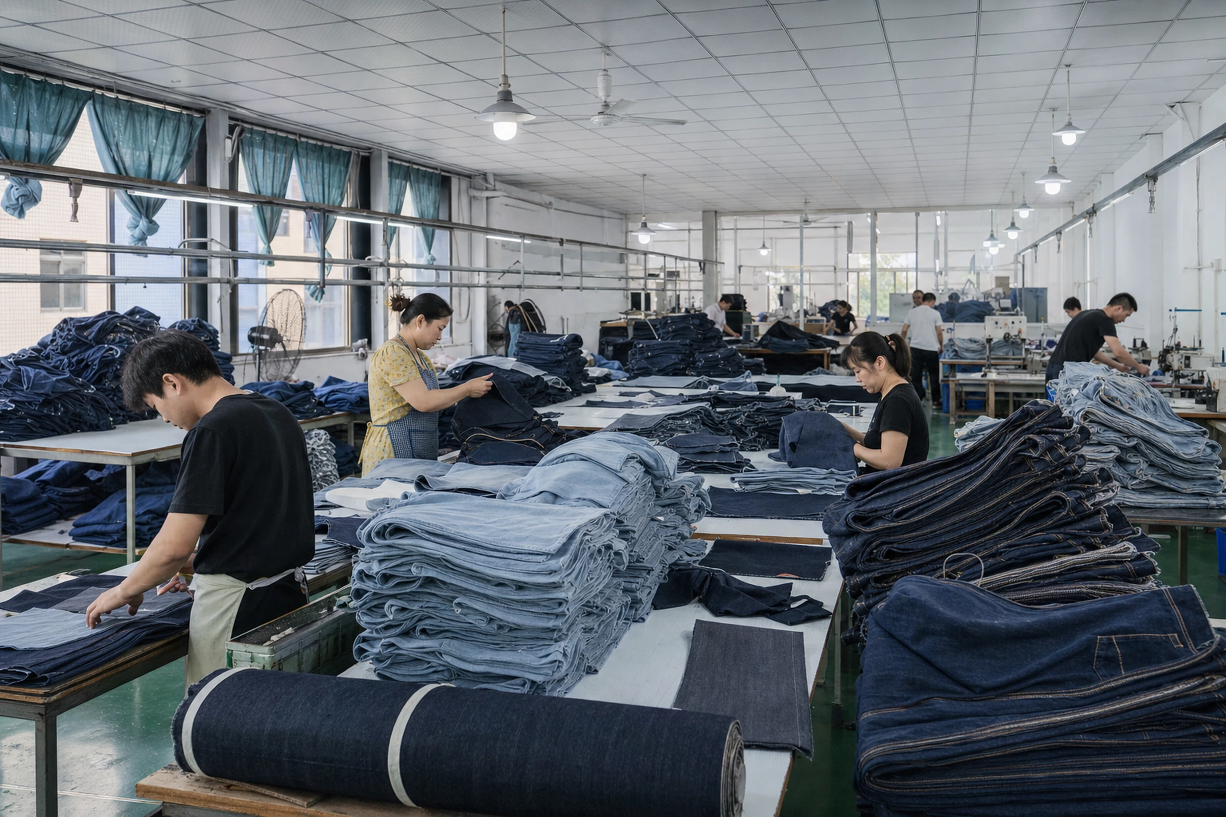 Denim garments and fabric on worktables in the LAIDN manufacturing facility