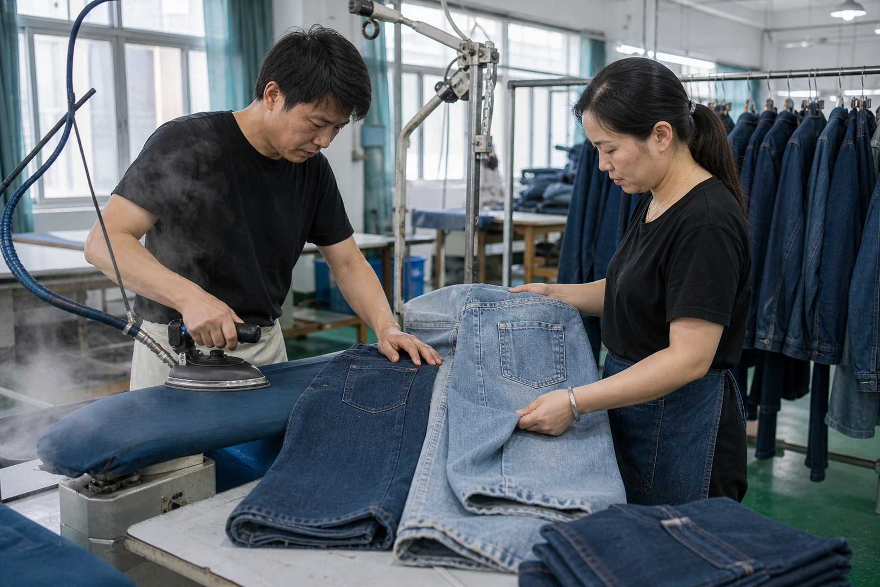 Pressing denim jeans and reviewing the garment finish