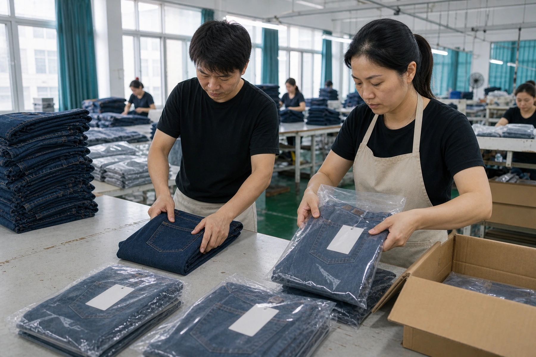 Denim garments being folded and placed in packaging