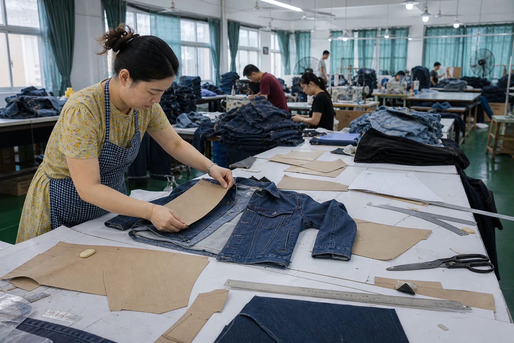 Paper patterns being compared with a denim sample