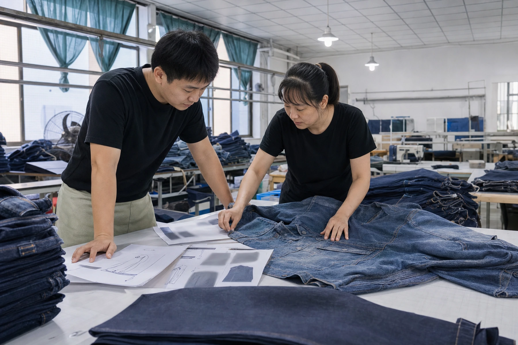Production team comparing a denim garment with product references