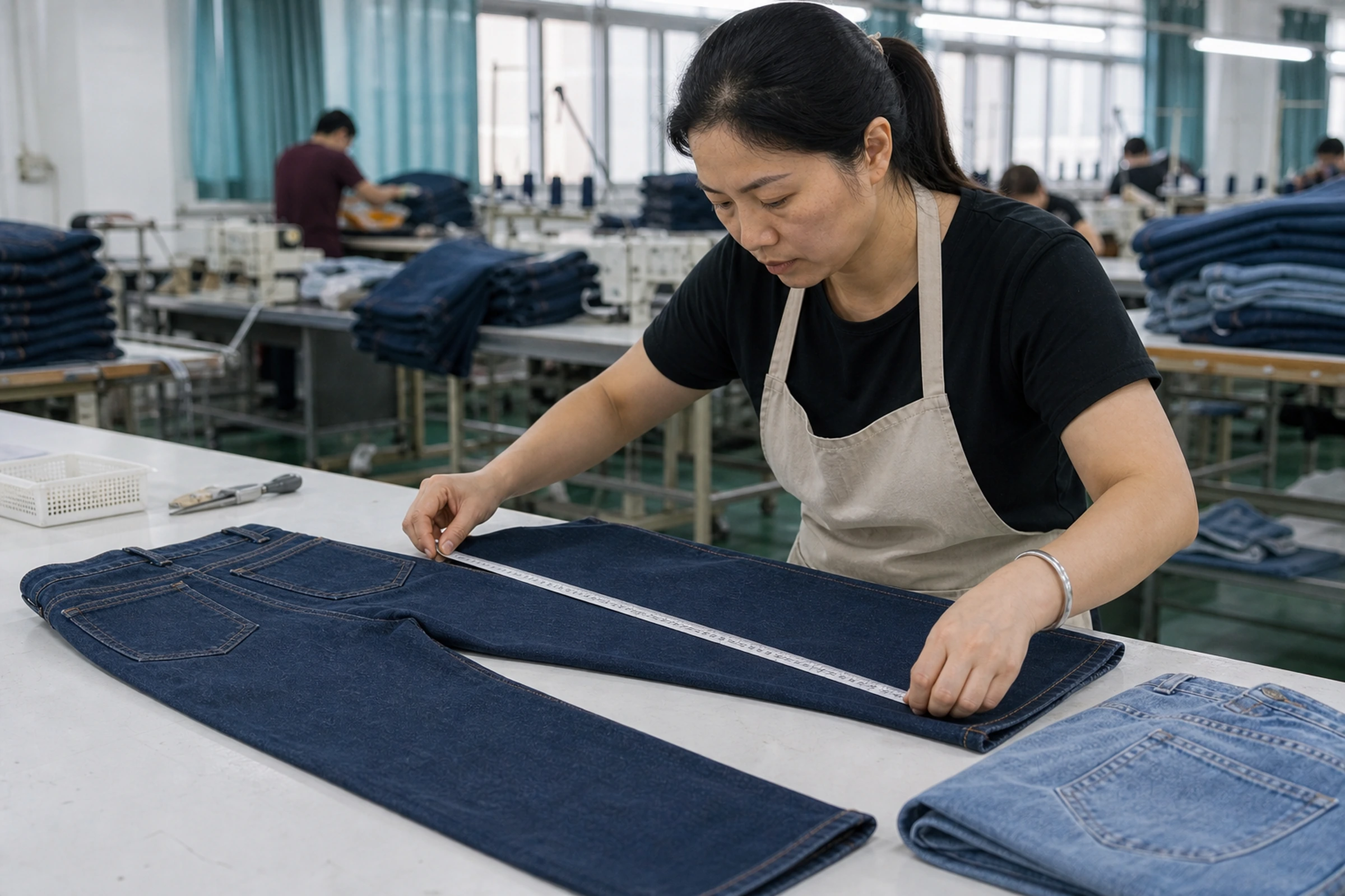 Measuring the leg of a denim garment laid flat