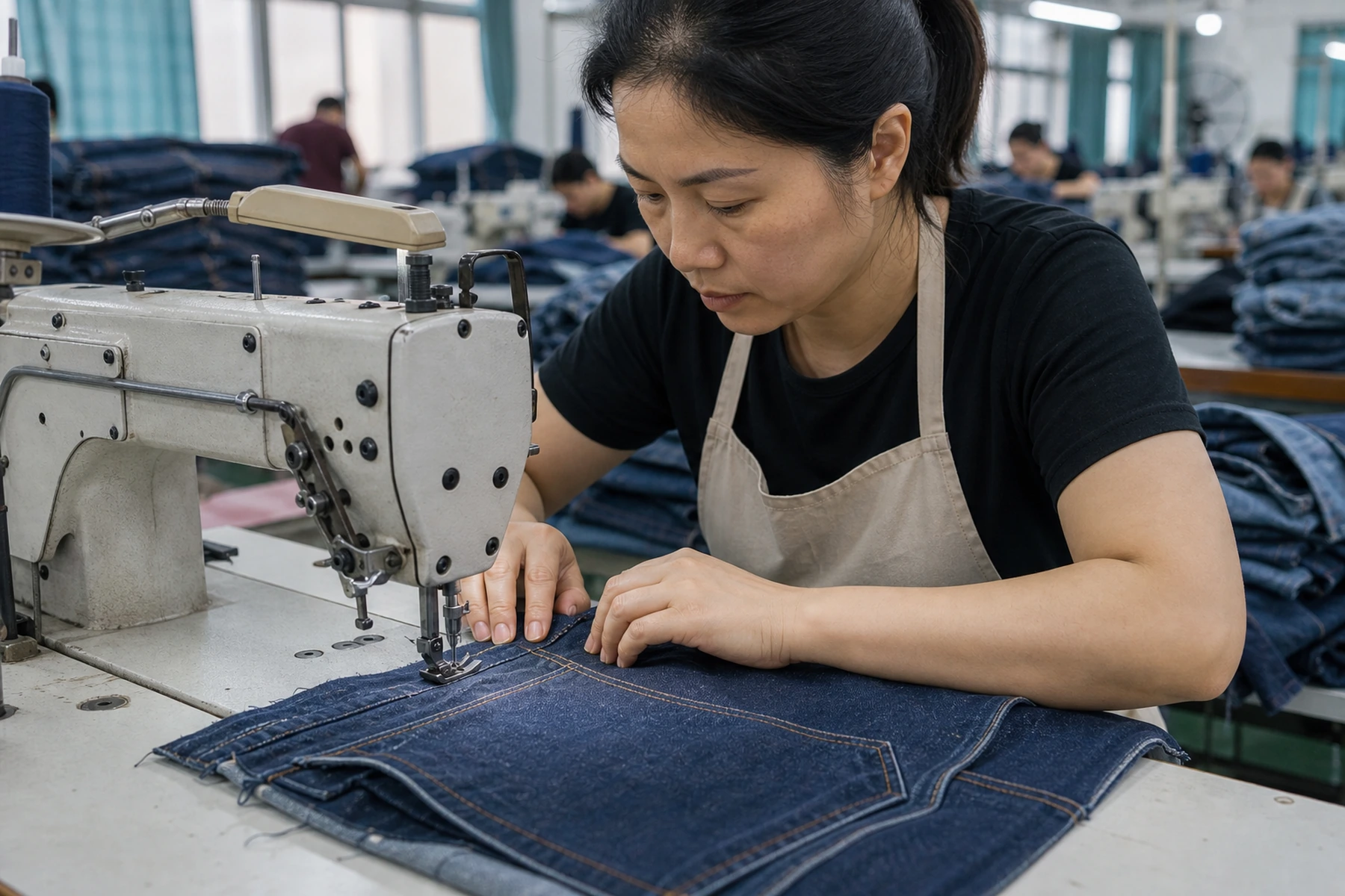 An operator sewing a denim back pocket and panel