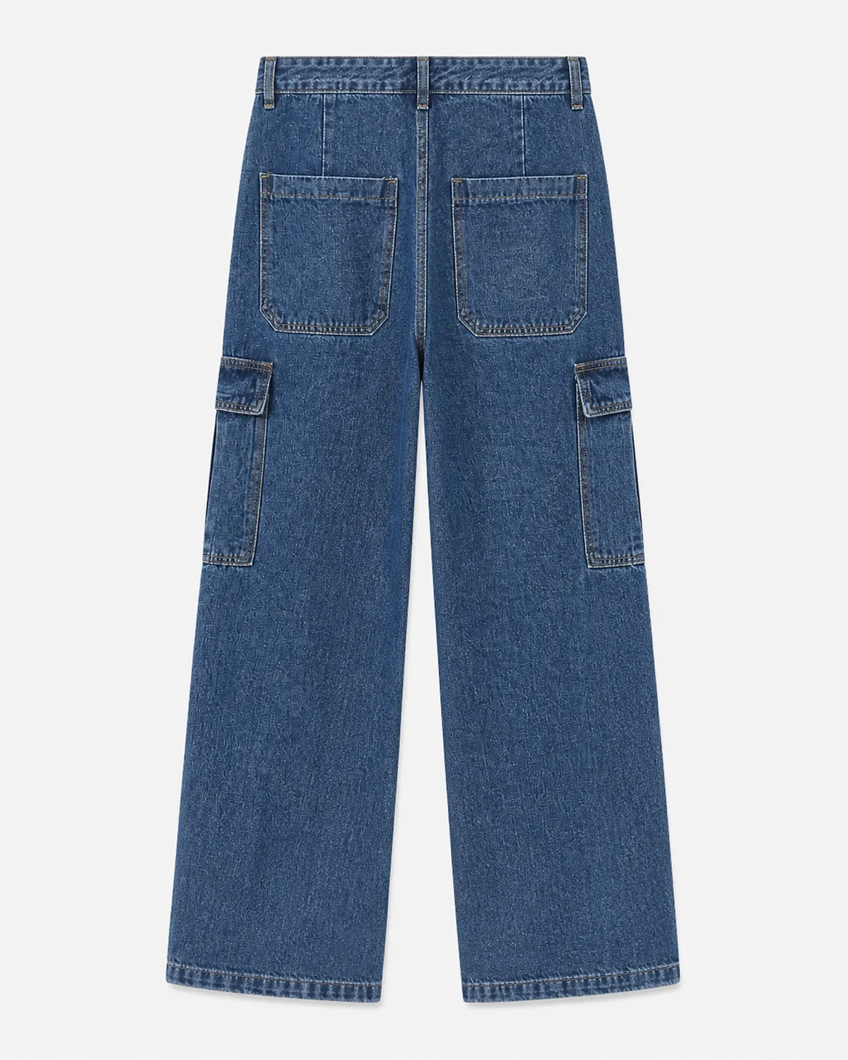 Back view of men's cargo jeans showing yoke and pocket placement
