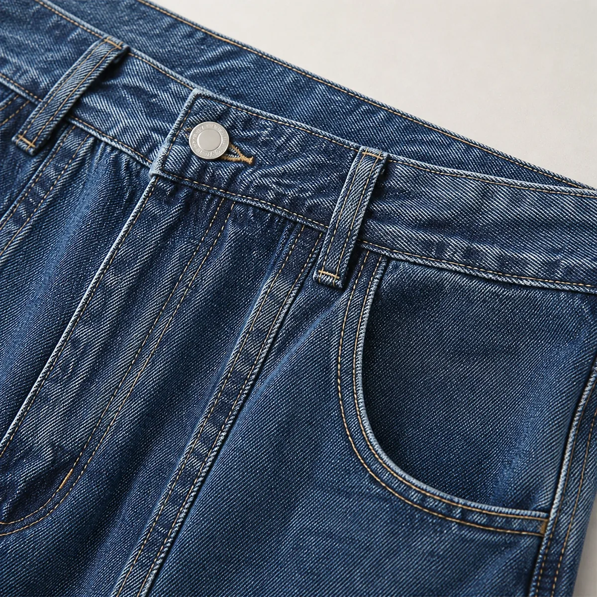 Men's jeans waistband, front pocket, button and stitching detail