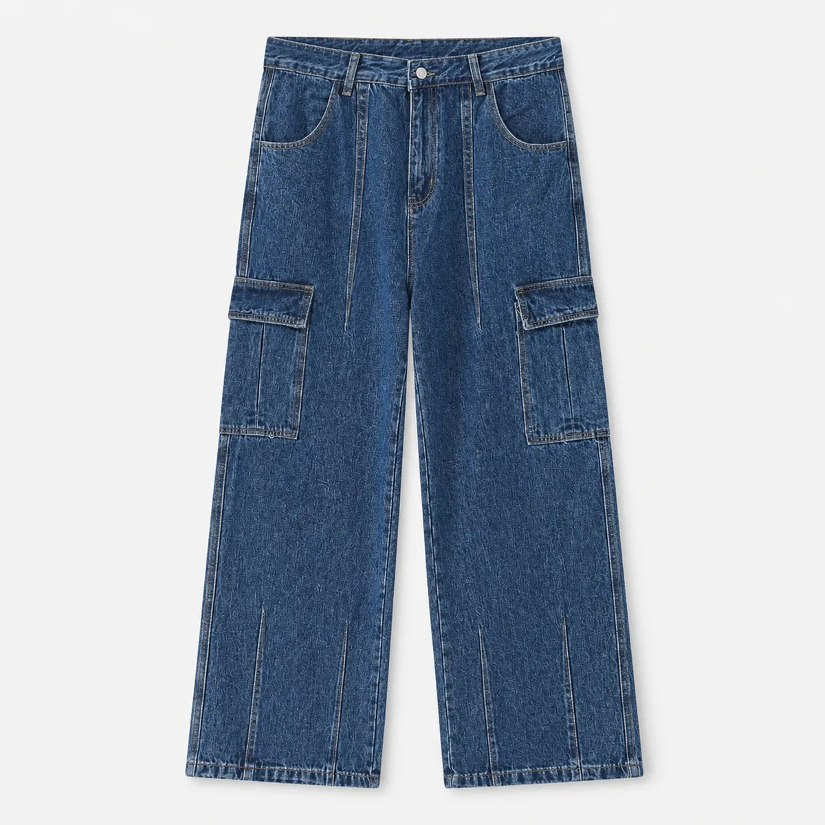 Front view of a men's cargo jeans sample