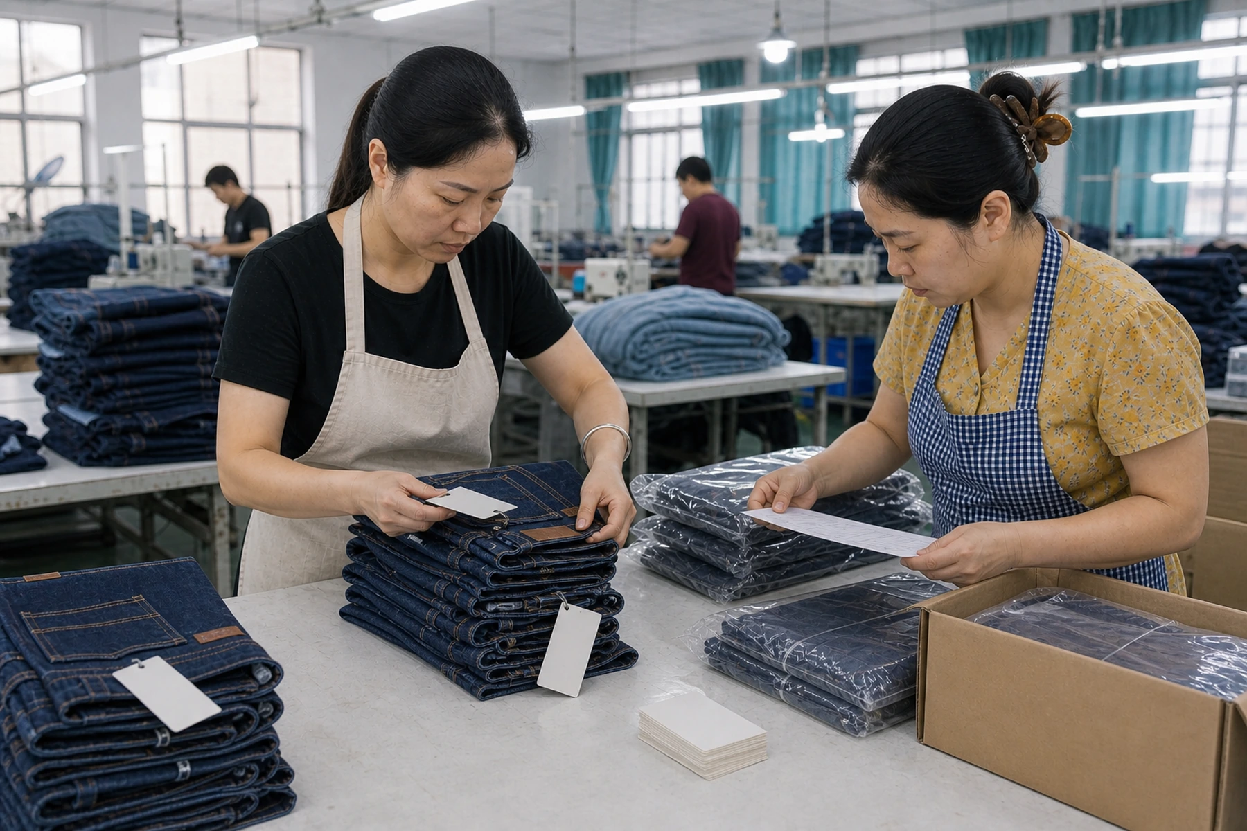 Checking garment tags and packing information beside folded and bagged jeans