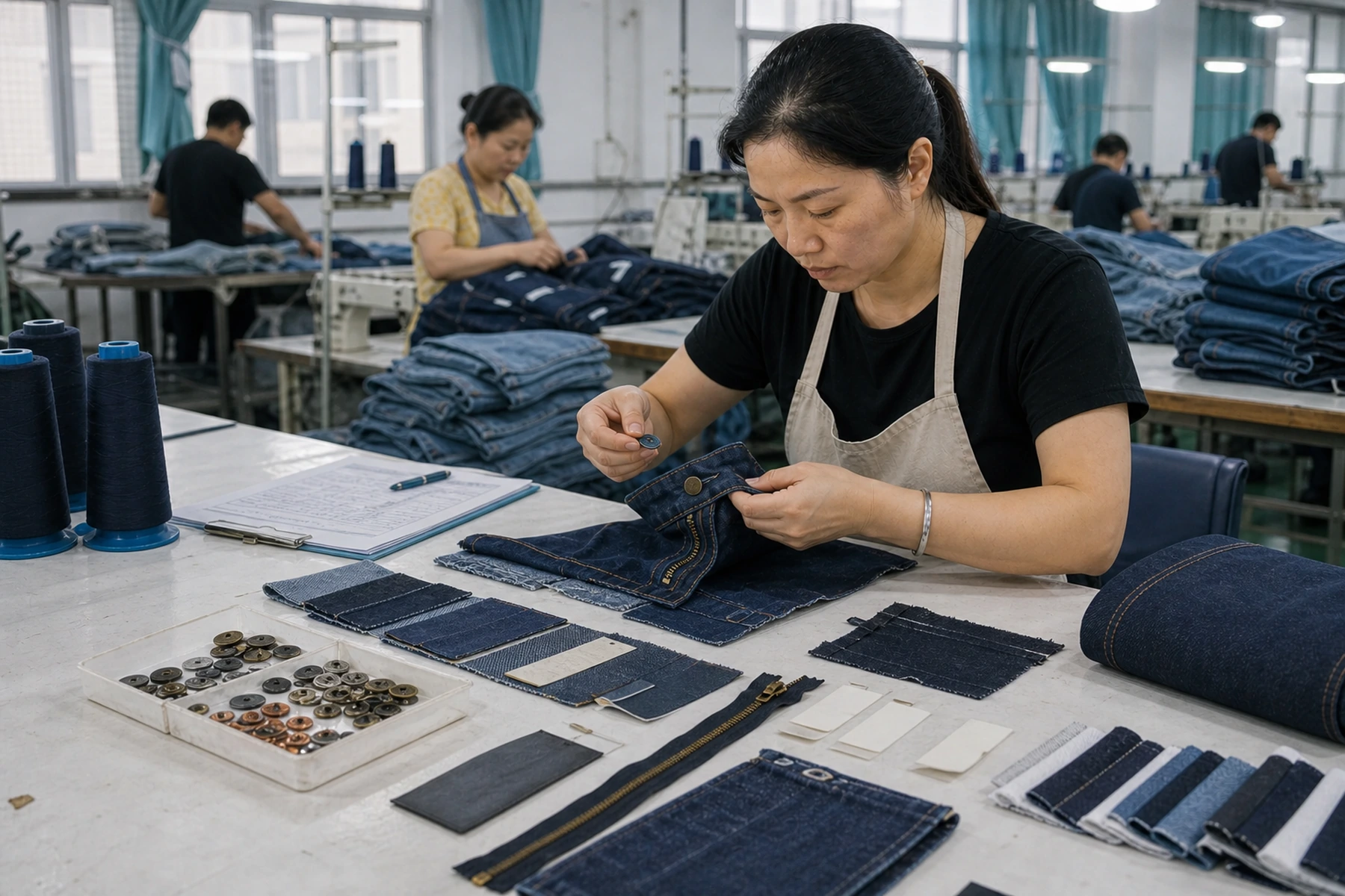 Comparing a button with denim fabric and trim references