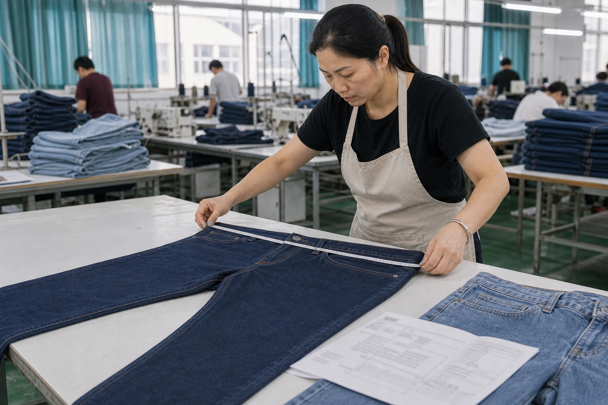 Waist measurement being taken on a denim garment laid flat