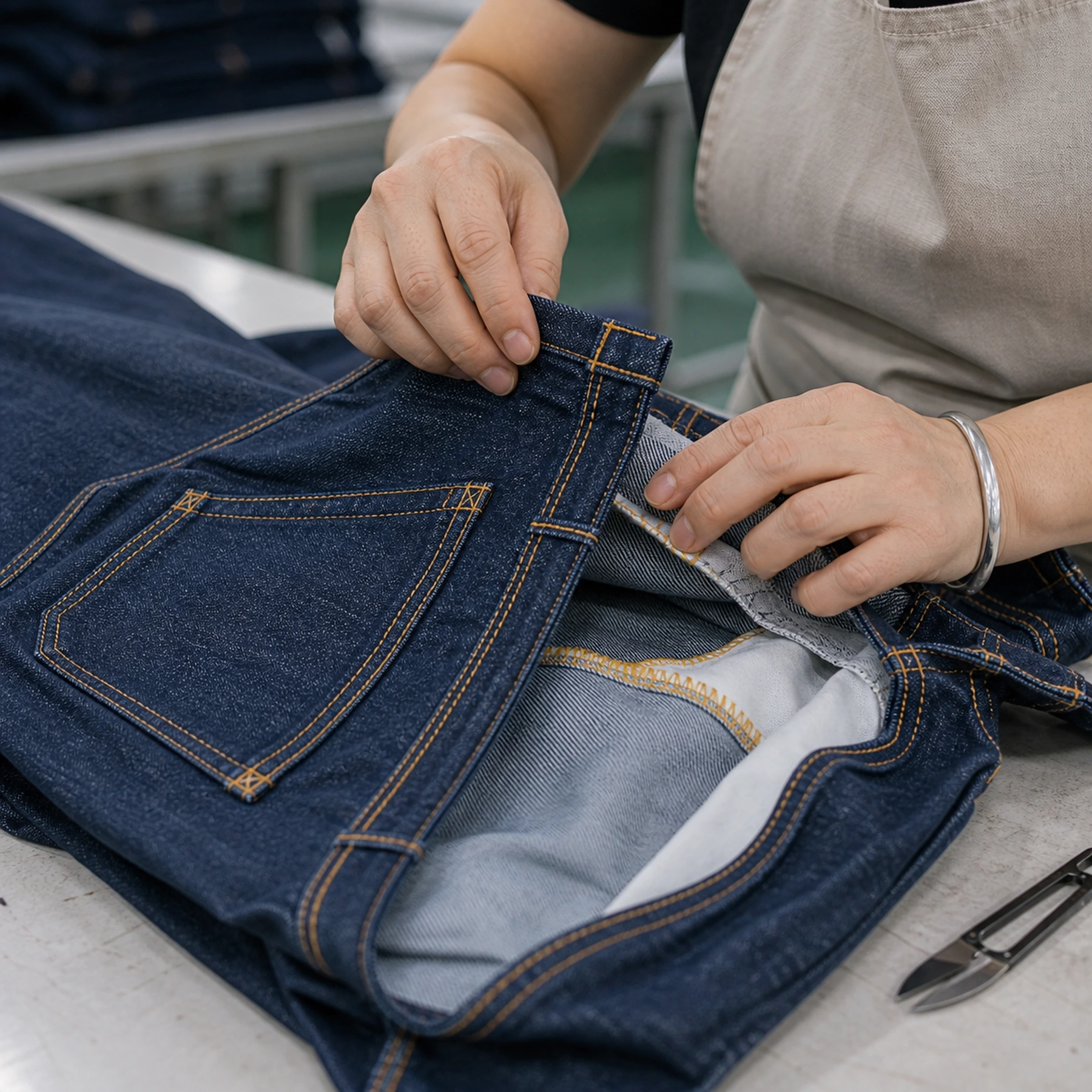 Close view of back-pocket stitching, waistband and inside seam construction
