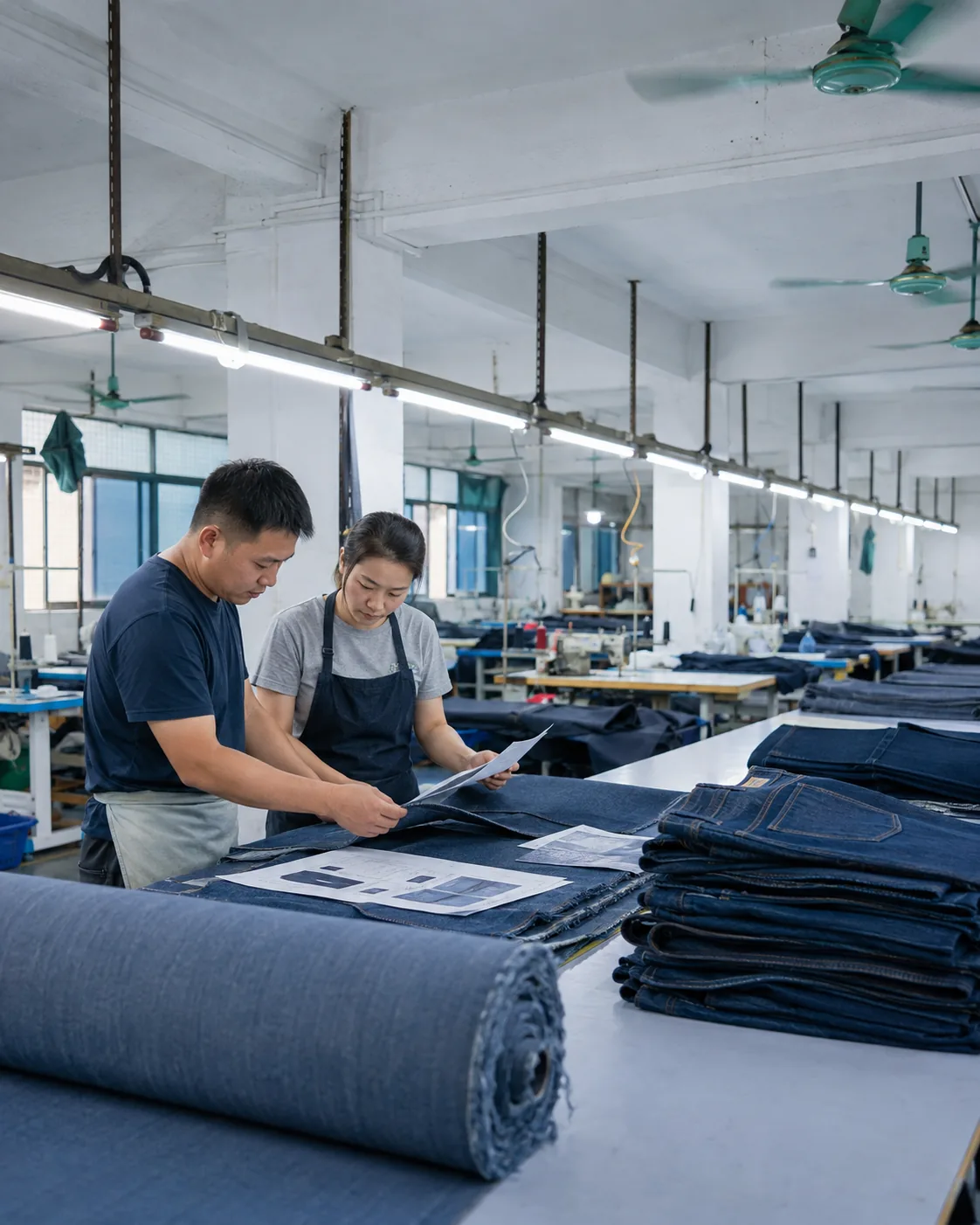LAIDN denim production team reviewing a custom jeans sample